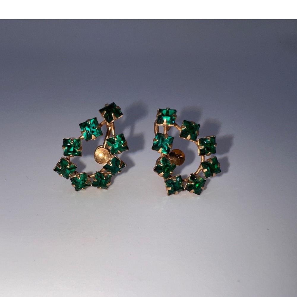De-Curtis 12K Gold Filled Square Emeraldo Green Rhinestone Screw Back Earrings